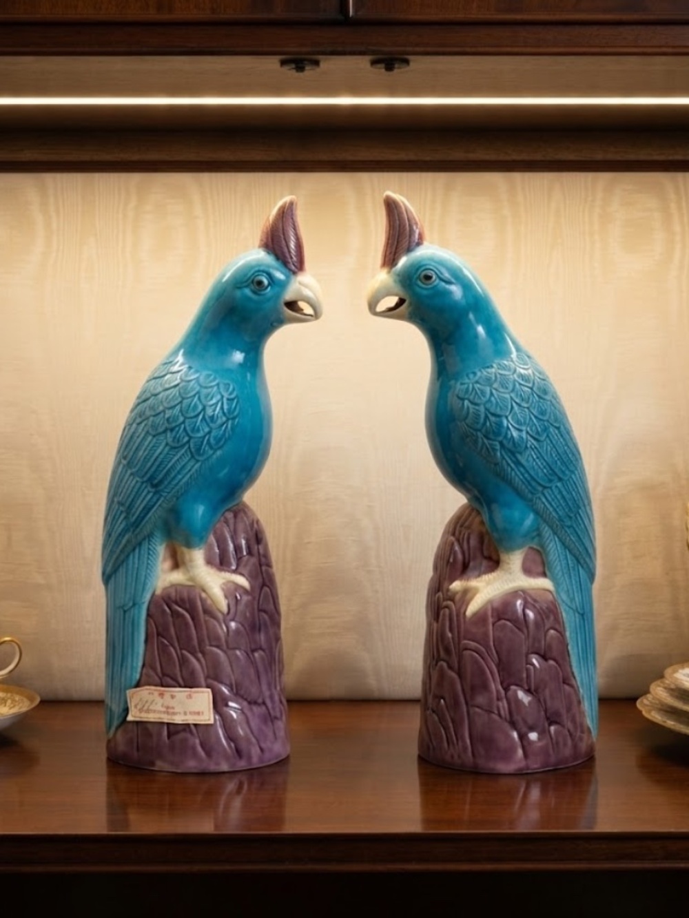 Vintage Turquoise Porcelain Cockatoo Parrots 11" People's Republic of China